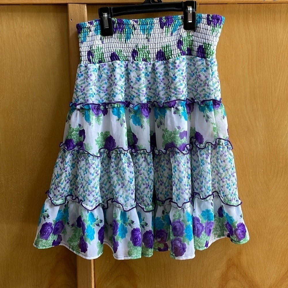 NEWBERRY Floral Ruffled Mini Skirt in Purple,Blue,Green and White | Size 8